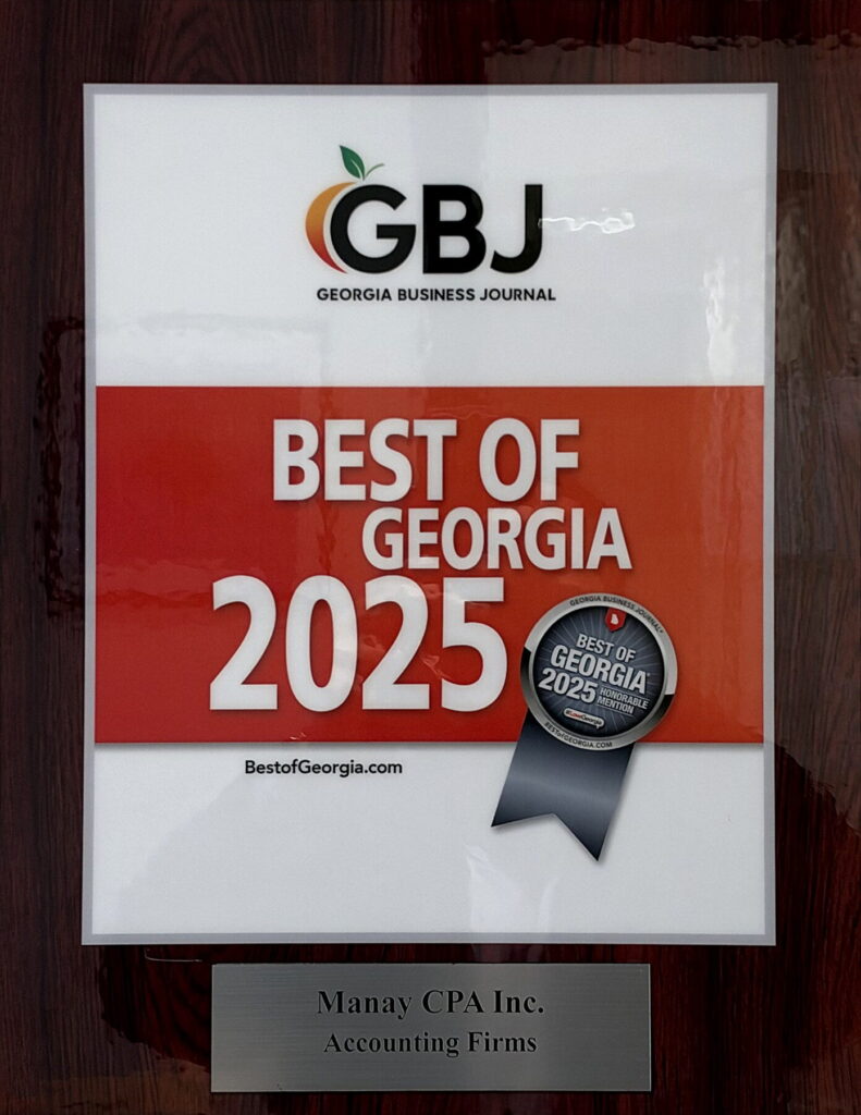 Georgia Business Journal Best of Georgia 2025 muhasebe firmaları kategorisi mansiyon plaketi – Manay CPA